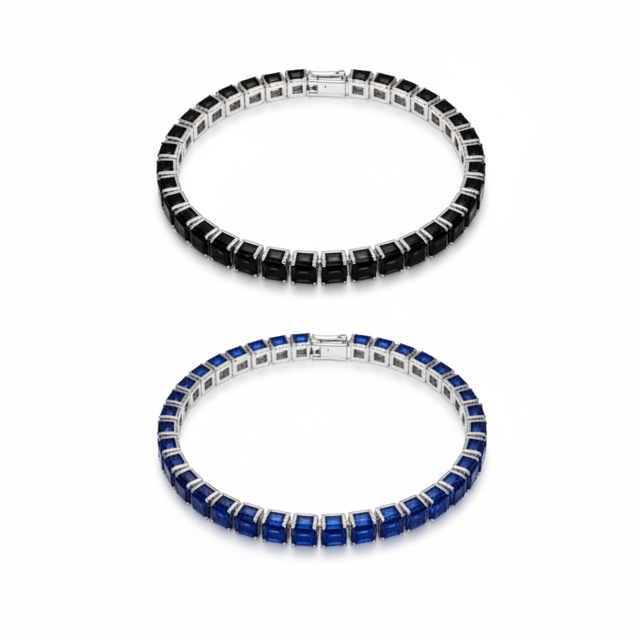 Two beaded bracelets, one black and silver, one blue and silver, on a white background.