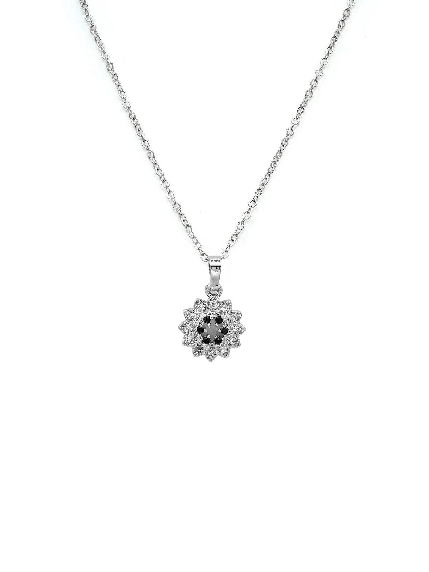 Silver necklace with a floral pendant on a white background