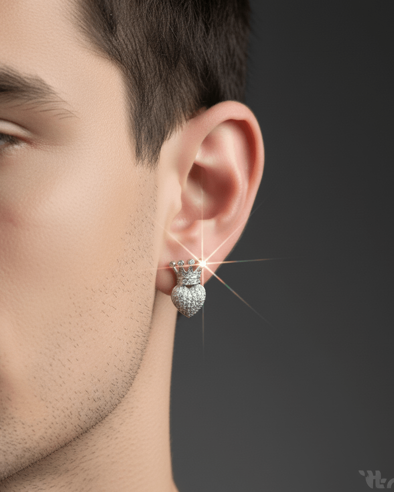 Close-up of a person wearing a sparkling earring on a dark background