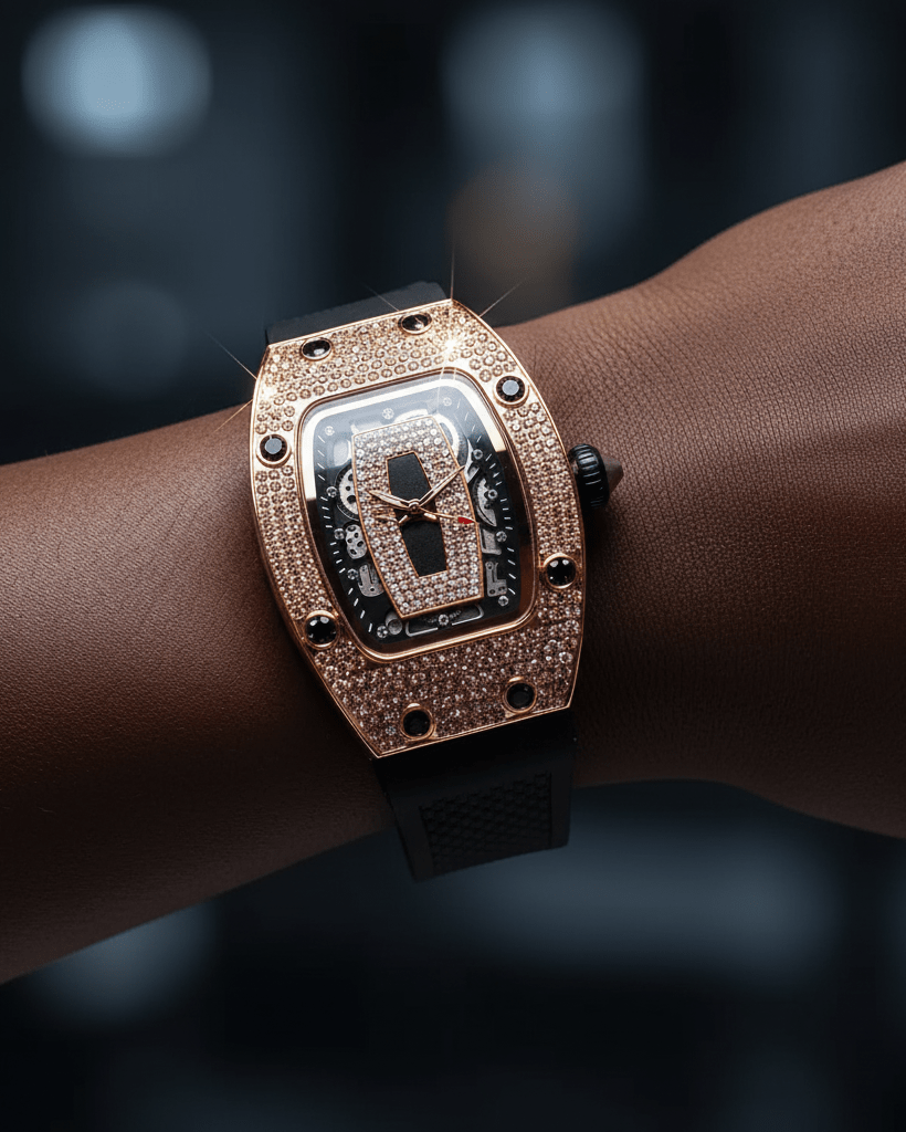 Luxury watch with rose gold case and black strap on a wrist against a dark background