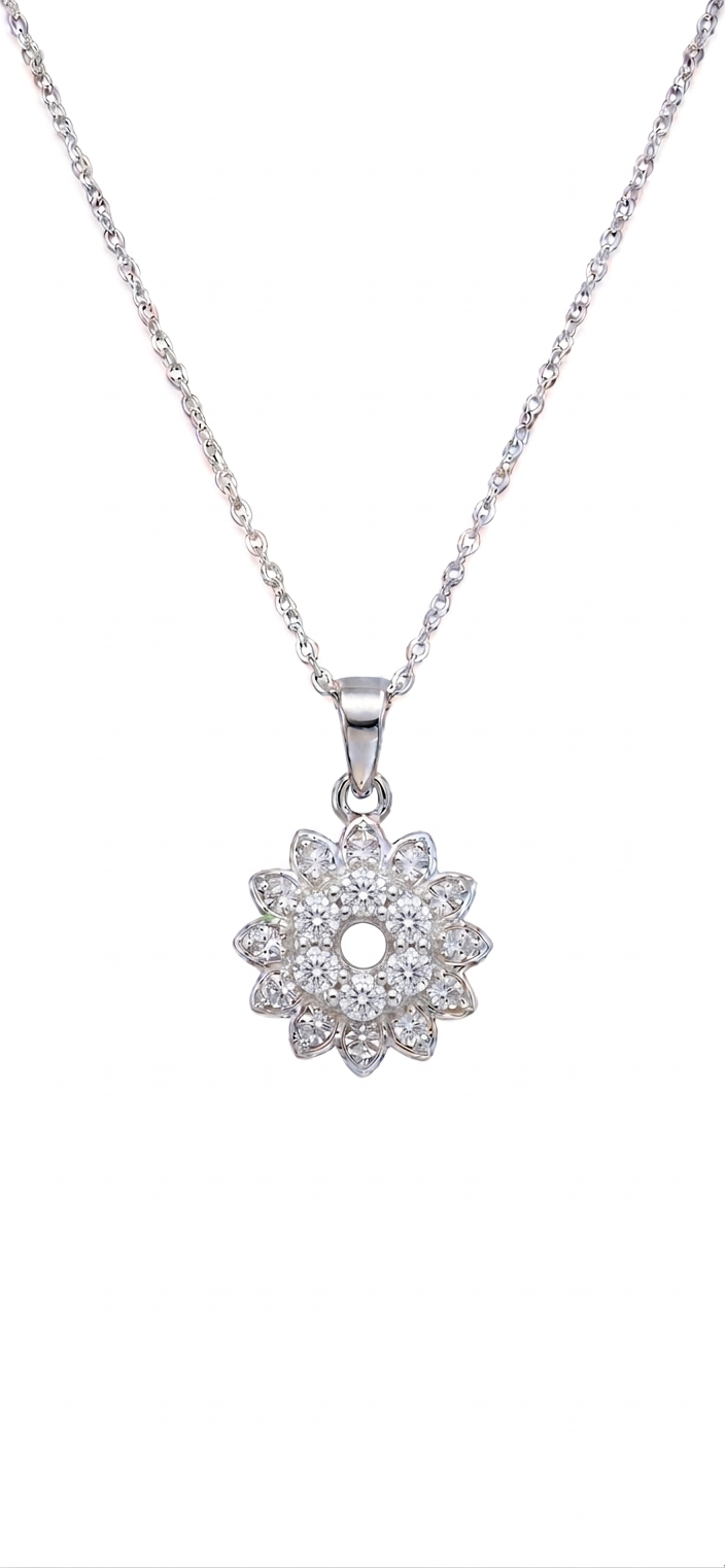 Silver necklace with a floral pendant on a white background
