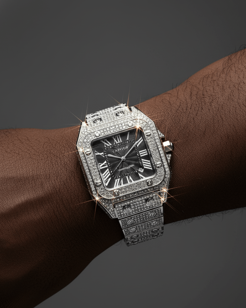 Luxury diamond-encrusted watch on a wrist against a dark background