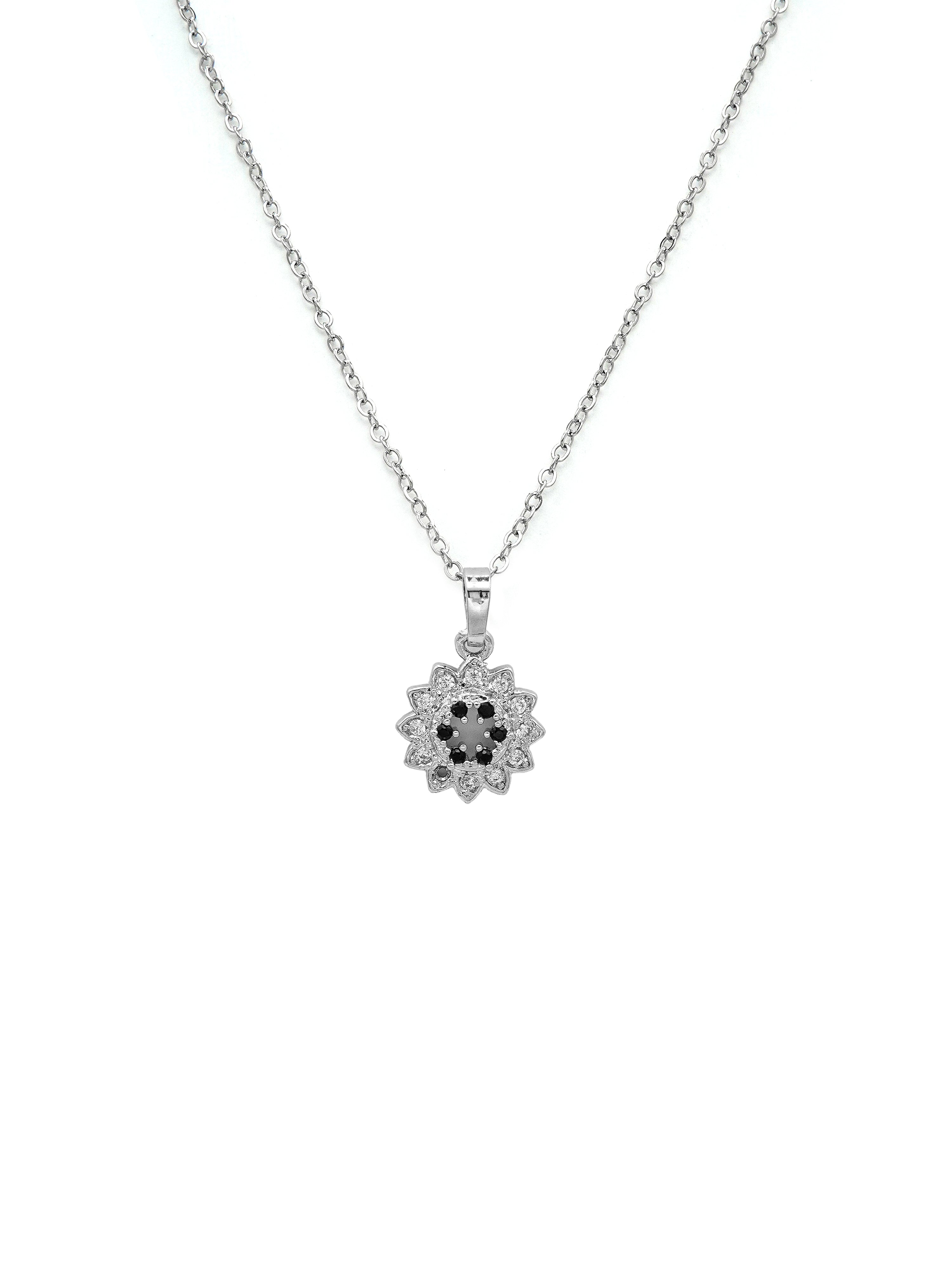 Silver necklace with a floral pendant on a white background