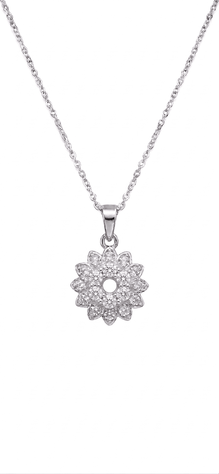 Silver necklace with a floral pendant on a white background