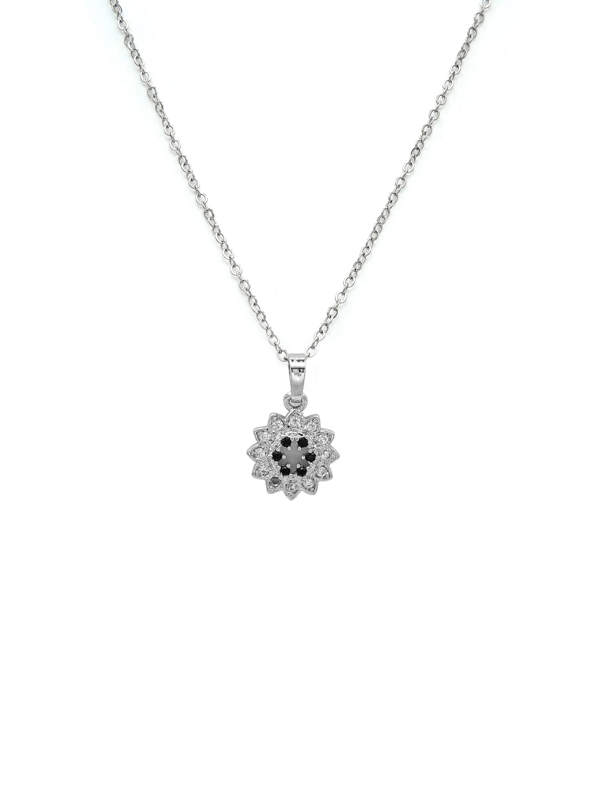 Silver necklace with a floral pendant on a white background