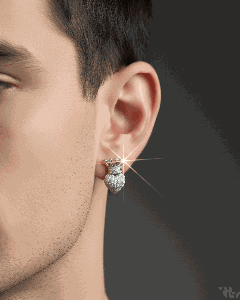 Close-up of a person wearing a sparkling earring on a dark background