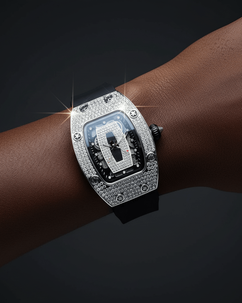Luxury watch with diamond accents on a wrist against a dark background