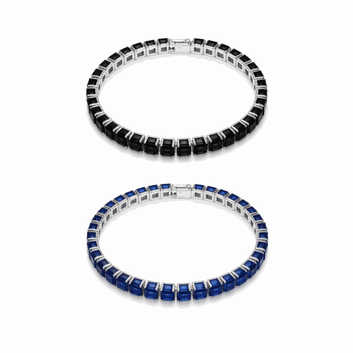 Two beaded bracelets, one black and silver, one blue and silver, on a white background.